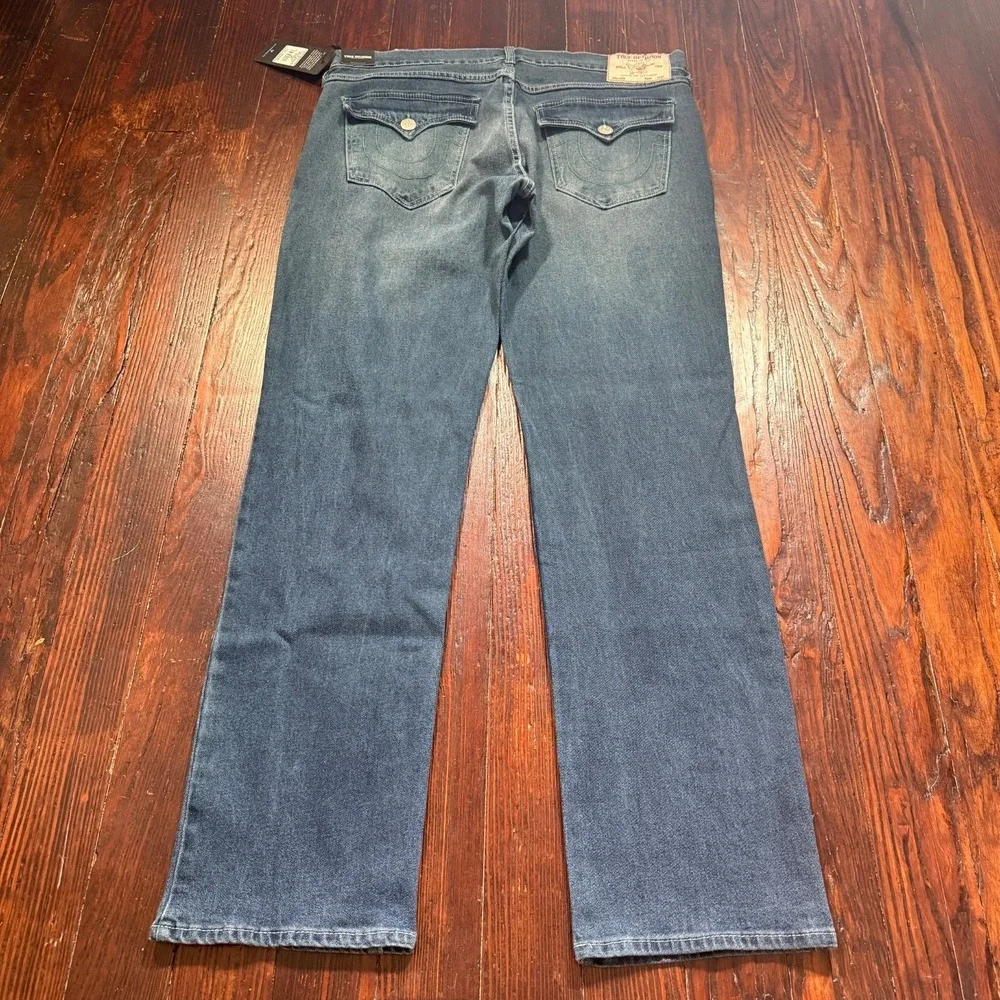 True Religion Jeans Mens 36x34 Blue Ricky Relaxed Straight Flap‎ Faded Whiskers